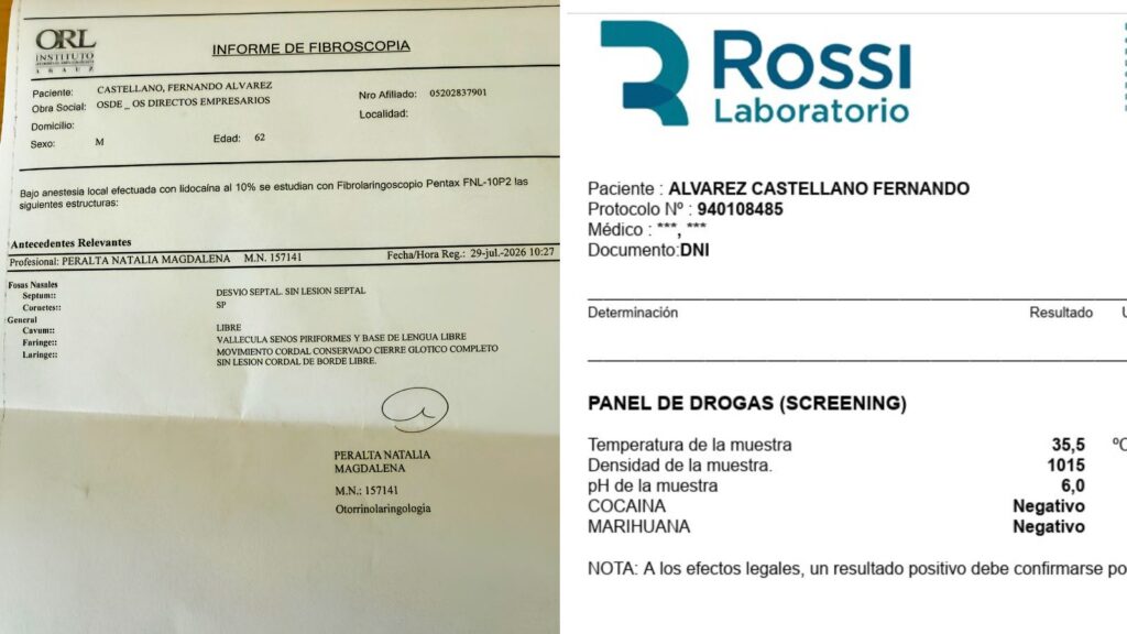 Álvarez Castellano mostró estudios que descartan consumo de drogas y desafió al dirigente gremial que lo acusó